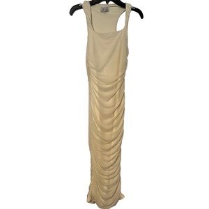 Oh Polly LUCILLA Twist Strap Ruched Midi Dress in Ivory